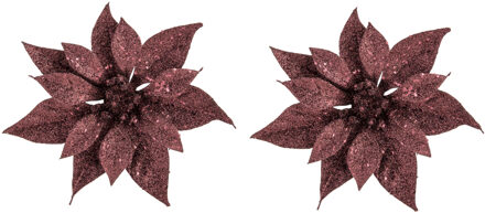 Cosy&Trendy 2x stuks decoratie bloemen kerstster donkerrood glitter op clip 18 cm - Kunstbloemen