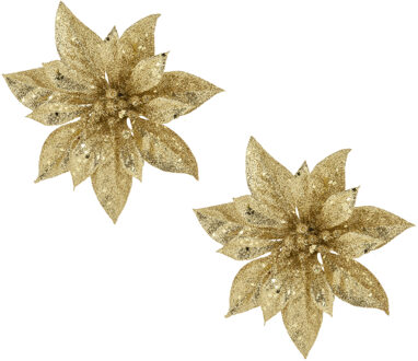 Cosy&Trendy 2x stuks decoratie bloemen kerstster goud glitter op clip 15 cm - Kunstbloemen Goudkleurig