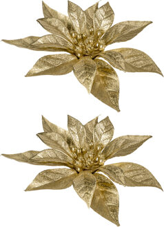 Cosy&Trendy 2x stuks decoratie bloemen kerstster goud glitter op clip 18 cm - Kunstbloemen Goudkleurig