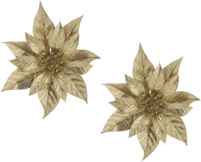 Cosy&Trendy 2x stuks decoratie bloemen kerstster goud glitter op clip 18 cm - Kunstbloemen Goudkleurig
