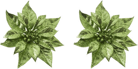 Cosy&Trendy 2x stuks decoratie bloemen kerstster groen glitter op clip 18 cm - Kunstbloemen