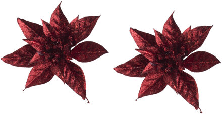 Cosy&Trendy 2x stuks decoratie bloemen kerstster rood glitter op clip 15 cm - Kunstbloemen Goudkleurig