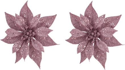 Cosy&Trendy 2x stuks decoratie bloemen kerstster roze glitter op clip 18 cm - Kunstbloemen