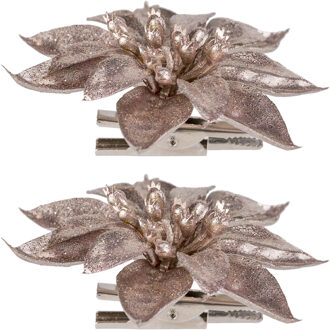Cosy&Trendy 2x stuks decoratie bloemen kerstster roze glitter op clip 9 cm - Kunstbloemen