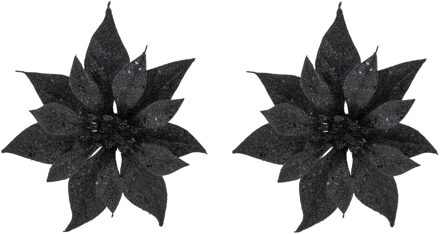 Cosy&Trendy 2x stuks decoratie bloemen kerstster zwart glitter op clip 18 cm - Kunstbloemen