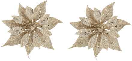 Cosy&Trendy 2x stuks decoratie bloemen roos champagne glitter op clip 10 cm - Kunstbloemen Champagnekleurig