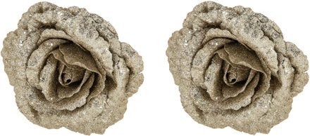 Cosy&Trendy 2x stuks decoratie bloemen roos champagne glitter op clip 18 cm