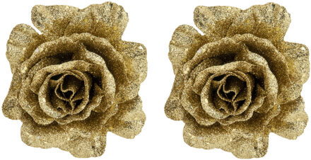 Cosy&Trendy 2x stuks decoratie bloemen roos goud glitter op clip 10 cm - Kunstbloemen Goudkleurig