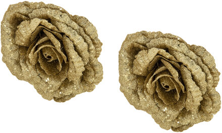 Cosy&Trendy 2x stuks decoratie bloemen roos goud glitter op clip 18 cm