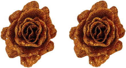 Cosy&Trendy 2x stuks decoratie bloemen roos koper glitter op clip 10 cm - Kunstbloemen Bruin