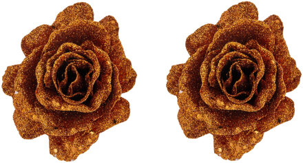 Cosy&Trendy 2x stuks decoratie bloemen roos koper glitter op clip 10 cm