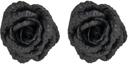 Cosy&Trendy 2x stuks decoratie bloemen roos zwart glitter op clip 15 cm - Kunstbloemen