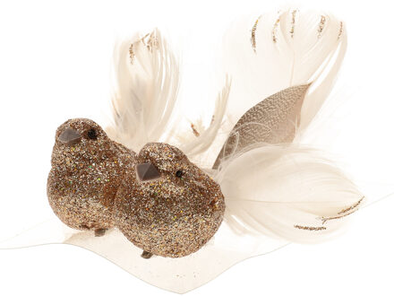 Cosy&Trendy 2x stuks decoratie vogels op clip glitter champagne 11 cm - Kersthangers Champagnekleurig