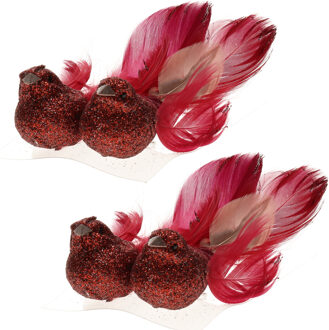 Cosy&Trendy 2x stuks decoratie vogels op clip glitter rood 11 cm - Kersthangers