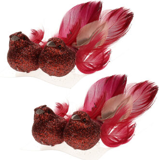 Cosy&Trendy 2x stuks decoratie vogels op clip glitter rood 11 cm
