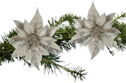 Cosy&Trendy 2x stuks kerstboom bloemen kerstster champagne glitter op clip 18 cm