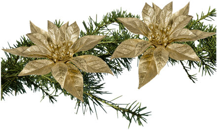 Cosy&Trendy 2x stuks kerstboom bloemen kerstster goud glitter op clip 18 cm - Kersthangers Goudkleurig