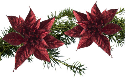 Cosy&Trendy 2x stuks kerstboom bloemen kerstster rood glitter op clip 15 cm - Kersthangers Goudkleurig