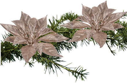 Cosy&Trendy 2x stuks kerstboom bloemen kerstster roze glitter op clip 18 cm