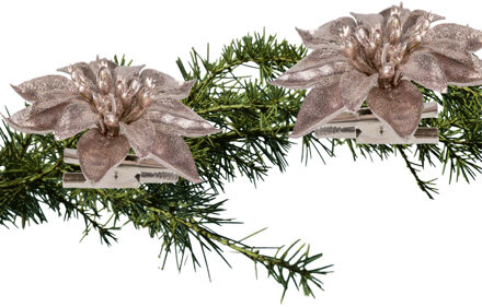 Cosy&Trendy 2x stuks kerstboom bloemen kerstster roze glitter op clip 9 cm