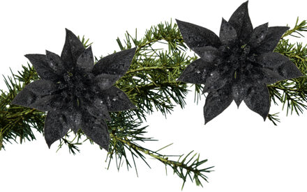 Cosy&Trendy 2x stuks kerstboom bloemen kerstster zwart glitter op clip 15 cm - Kersthangers