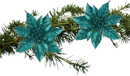 Cosy&Trendy 2x stuks kerstboom bloemen op clip emerald groen glitter 15 cm - Kersthangers