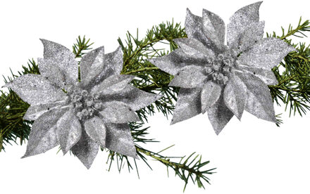 Cosy&Trendy 2x stuks kerstboom bloemen op clip zilveren kerstster 18 cm - Kersthangers Zilverkleurig