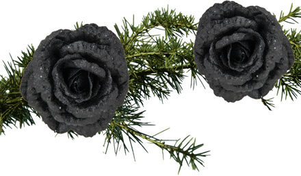 Cosy&Trendy 2x stuks kerstboom bloemen op clip zwart glitter 15 cm - Kersthangers