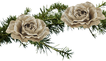 Cosy&Trendy 2x stuks kerstboom bloemen roos champagne glitter op clip 10 cm - Kersthangers Champagnekleurig