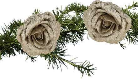 Cosy&Trendy 2x stuks kerstboom bloemen roos champagne glitter op clip 18 cm - Kersthangers Champagnekleurig