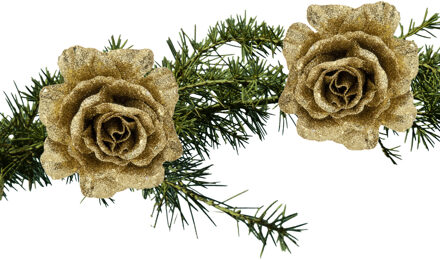 Cosy&Trendy 2x stuks kerstboom bloemen roos goud glitter op clip 10 cm - Kersthangers Goudkleurig