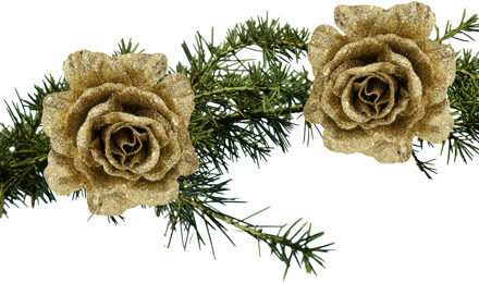 Cosy&Trendy 2x stuks kerstboom bloemen roos goud glitter op clip 10 cm