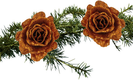 Cosy&Trendy 2x stuks kerstboom bloemen roos koper glitter op clip 10 cm - Kersthangers Bruin