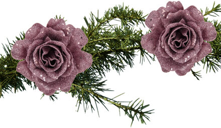 Cosy&Trendy 2x stuks kerstboom bloemen roos roze glitter op clip 10 cm - Kersthangers