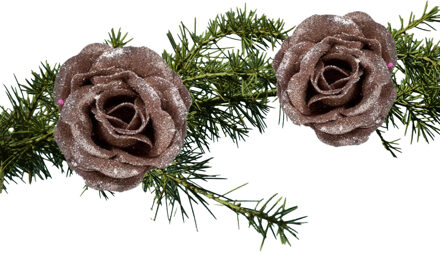 Cosy&Trendy 2x stuks kerstboom bloemen/rozen op clip oudroze glitters 7 cm - Kersthangers