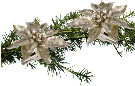 Cosy&Trendy 2x stuks kerstboom decoratie bloemen champagne glitter op clip 9 cm - Kersthangers Champagnekleurig