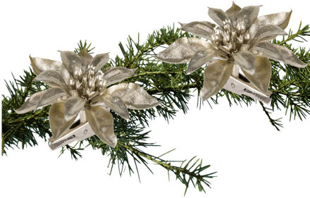 Cosy&Trendy 2x stuks kerstboom decoratie bloemen champagne glitter op clip 9 cm