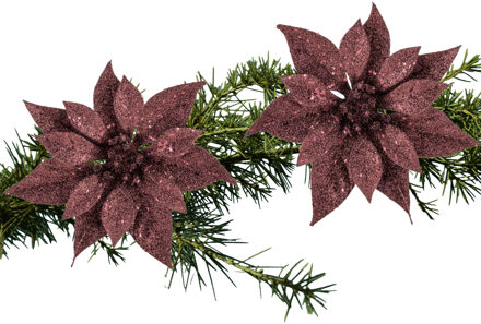 Cosy&Trendy 2x stuks kerstboom decoratie bloemen donkerrood glitter op clip 18 cm - Kersthangers