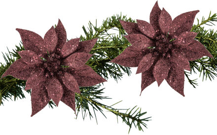 Cosy&Trendy 2x stuks kerstboom decoratie bloemen donkerrood glitter op clip 18 cm - Kersthangers