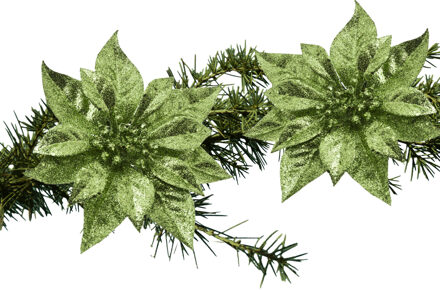 Cosy&Trendy 2x stuks kerstboom decoratie bloemen groen glitter op clip 18 cm - Kersthangers