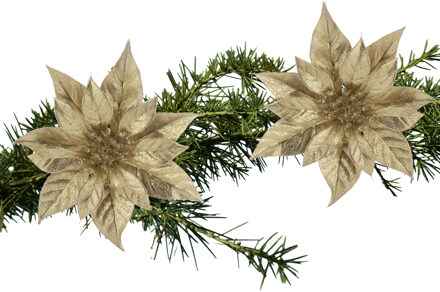 Cosy&Trendy 2x stuks kerstboom decoratie bloemen kerstster goud glitter op clip 18 cm - Kersthangers Goudkleurig