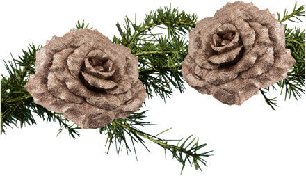 Cosy&Trendy 2x stuks kerstboom decoratie bloemen op clip champagne glitter 18 cm - Kersthangers Champagnekleurig