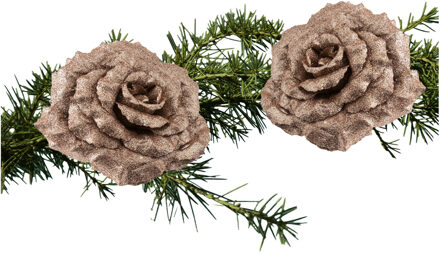 Cosy&Trendy 2x stuks kerstboom decoratie bloemen op clip champagne glitter 18 cm