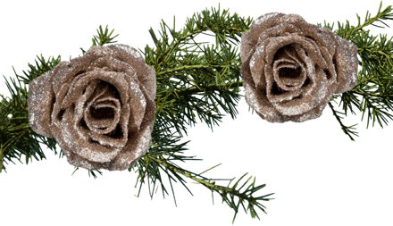 Cosy&Trendy 2x stuks kerstboom decoratie bloemen op clip champagne glitter 7 cm