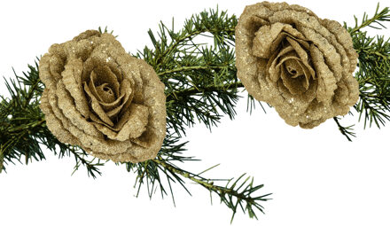 Cosy&Trendy 2x stuks kerstboom decoratie bloemen roos goud glitter op clip 18 cm - Kersthangers Goudkleurig