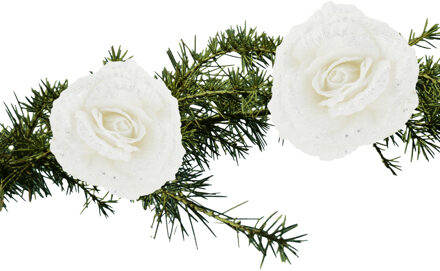 Cosy&Trendy 2x stuks kerstboom decoratie bloemen roos wit glitter op clip 18 cm