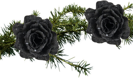 Cosy&Trendy 2x stuks kerstboom decoratie bloemen roos zwart glitter op clip 10 cm - Kersthangers