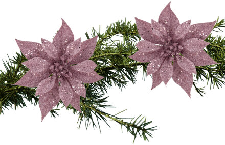 Cosy&Trendy 2x stuks kerstboom decoratie bloemen roze glitter op clip 18 cm - Kersthangers