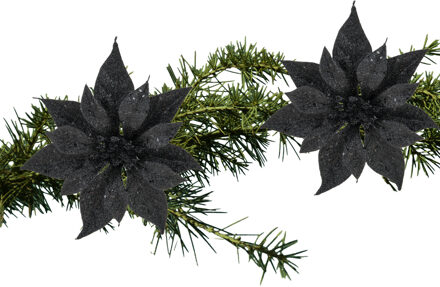Cosy&Trendy 2x stuks kerstboom decoratie bloemen zwart glitter op clip 18 cm - Kersthangers