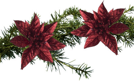 Cosy&Trendy 2x stuks kerstboom decoratie glitter bloemen op clip donkerrood 8 cm